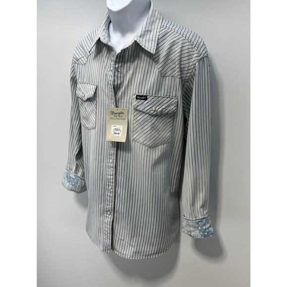 NWT Wrangler Retro Long Sleeve Striped Western Pearl Snap blue Mens L - Picture 5 of 9